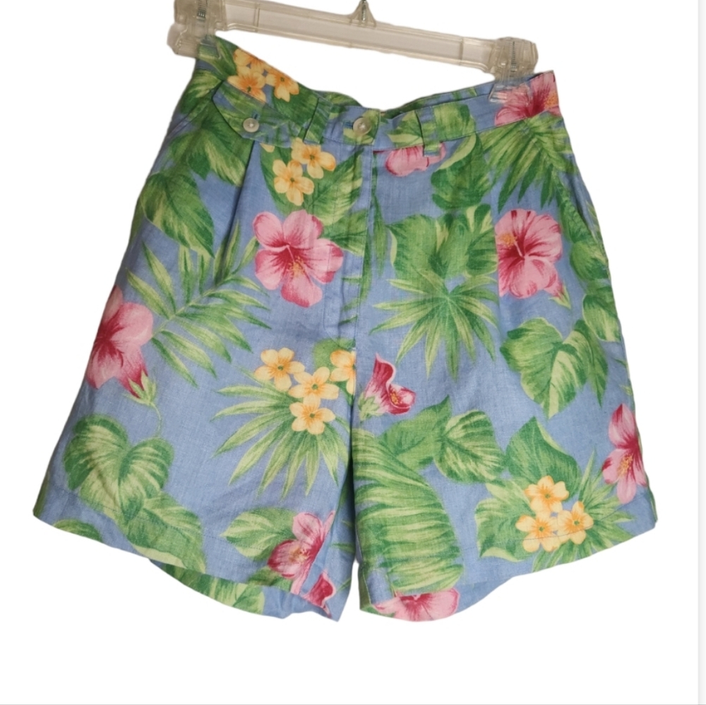 LAUREN RALPH LAUREN PETITE 100% LINEN HIBISCUS FLORAL SHORTS SZ 2P